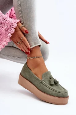 Mokasyny Damskie Na Platformie Z Frędzlami Zielone Mialani Damskie Mokasyny Na Platformie|Mokasyny Damskie Zamszowe