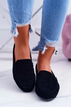 Outlet Mokasyny Damskie Sergio Leone Zamszowe Czarne Winted Damskie Mokasyny Damskie Zamszowe