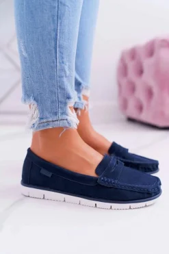 Clearance Damskie buty S.Barski Mokasyny Damskie Skóra Zamszowa Granatowe Lauren