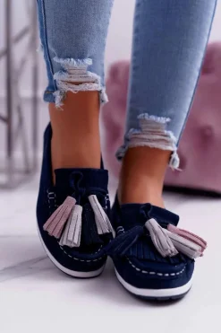 Clearance Boto Mokasyny Damskie Skórzane Zamszowe Z Frędzlami Granatowe Batist