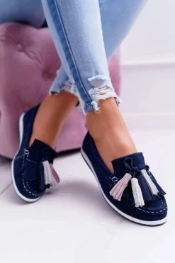 Clearance Boto Mokasyny Damskie Skórzane Zamszowe Z Frędzlami Granatowe Batist