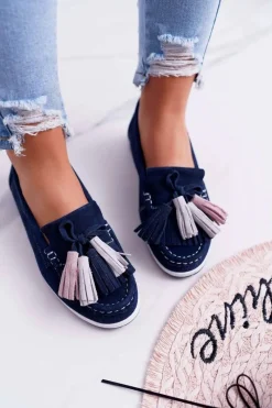 Clearance Boto Mokasyny Damskie Skórzane Zamszowe Z Frędzlami Granatowe Batist