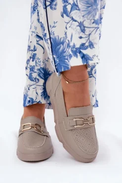 Mokasyny Damskie Skórzane Ze Złotym Detalem Vinceza 88007 Ciemnobeżowe Damskie Loafersy Damskie|Mokasyny Damskie Skórzane