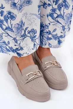 Mokasyny Damskie Skórzane Ze Złotym Detalem Vinceza 88007 Ciemnobeżowe Damskie Loafersy Damskie|Mokasyny Damskie Skórzane