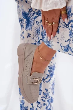 Mokasyny Damskie Skórzane Ze Złotym Detalem Vinceza 88007 Ciemnobeżowe Damskie Loafersy Damskie|Mokasyny Damskie Skórzane