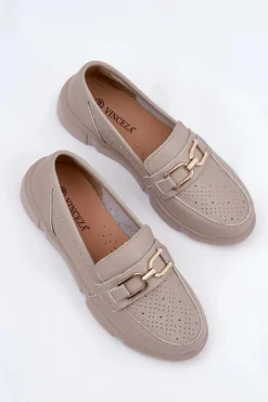 Mokasyny Damskie Skórzane Ze Złotym Detalem Vinceza 88007 Ciemnobeżowe Damskie Loafersy Damskie|Mokasyny Damskie Skórzane