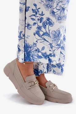 Mokasyny Damskie Skórzane Ze Złotym Detalem Vinceza 88007 Ciemnobeżowe Damskie Loafersy Damskie|Mokasyny Damskie Skórzane