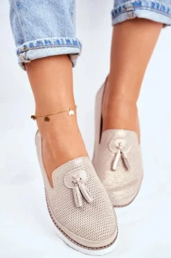 Discount Evento Mokasyny Damskie Skórzane Złote Amore Mio