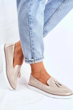 Discount Evento Mokasyny Damskie Skórzane Złote Amore Mio