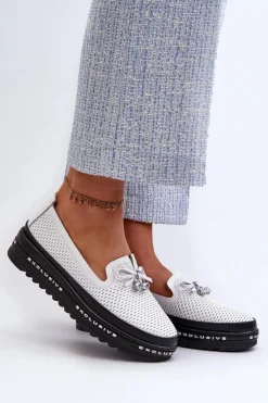 Sale Mokasyny Damskie Skórzane Na Platformie S.Barski LR400 Białe Damskie Loafersy Damskie|Mokasyny Damskie Skórzane
