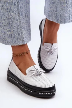 Sale Mokasyny Damskie Skórzane Na Platformie S.Barski LR400 Białe Damskie Loafersy Damskie|Mokasyny Damskie Skórzane