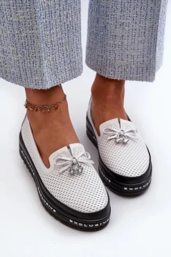 Sale Mokasyny Damskie Skórzane Na Platformie S.Barski LR400 Białe Damskie Loafersy Damskie|Mokasyny Damskie Skórzane