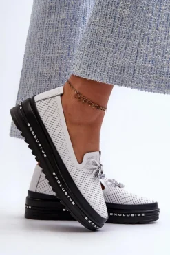 Sale Mokasyny Damskie Skórzane Na Platformie S.Barski LR400 Białe Damskie Loafersy Damskie|Mokasyny Damskie Skórzane