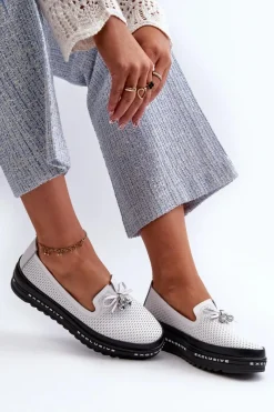 Sale Mokasyny Damskie Skórzane Na Platformie S.Barski LR400 Białe Damskie Loafersy Damskie|Mokasyny Damskie Skórzane