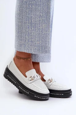 Best Damskie buty S.Barski Mokasyny Damskie Skórzane Na Platformie Z Łańcuchem S.Barski LR618 Białe Biały