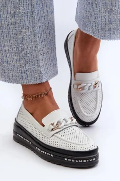 Best Damskie buty S.Barski Mokasyny Damskie Skórzane Na Platformie Z Łańcuchem S.Barski LR618 Białe Biały