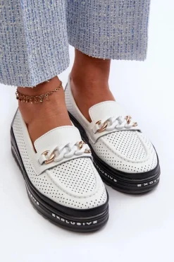 Best Damskie buty S.Barski Mokasyny Damskie Skórzane Na Platformie Z Łańcuchem S.Barski LR618 Białe Biały