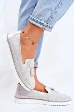 Sale Mokasyny Damskie Skórzane Srebrne Amore Mio Damskie Mokasyny Damskie Skórzane