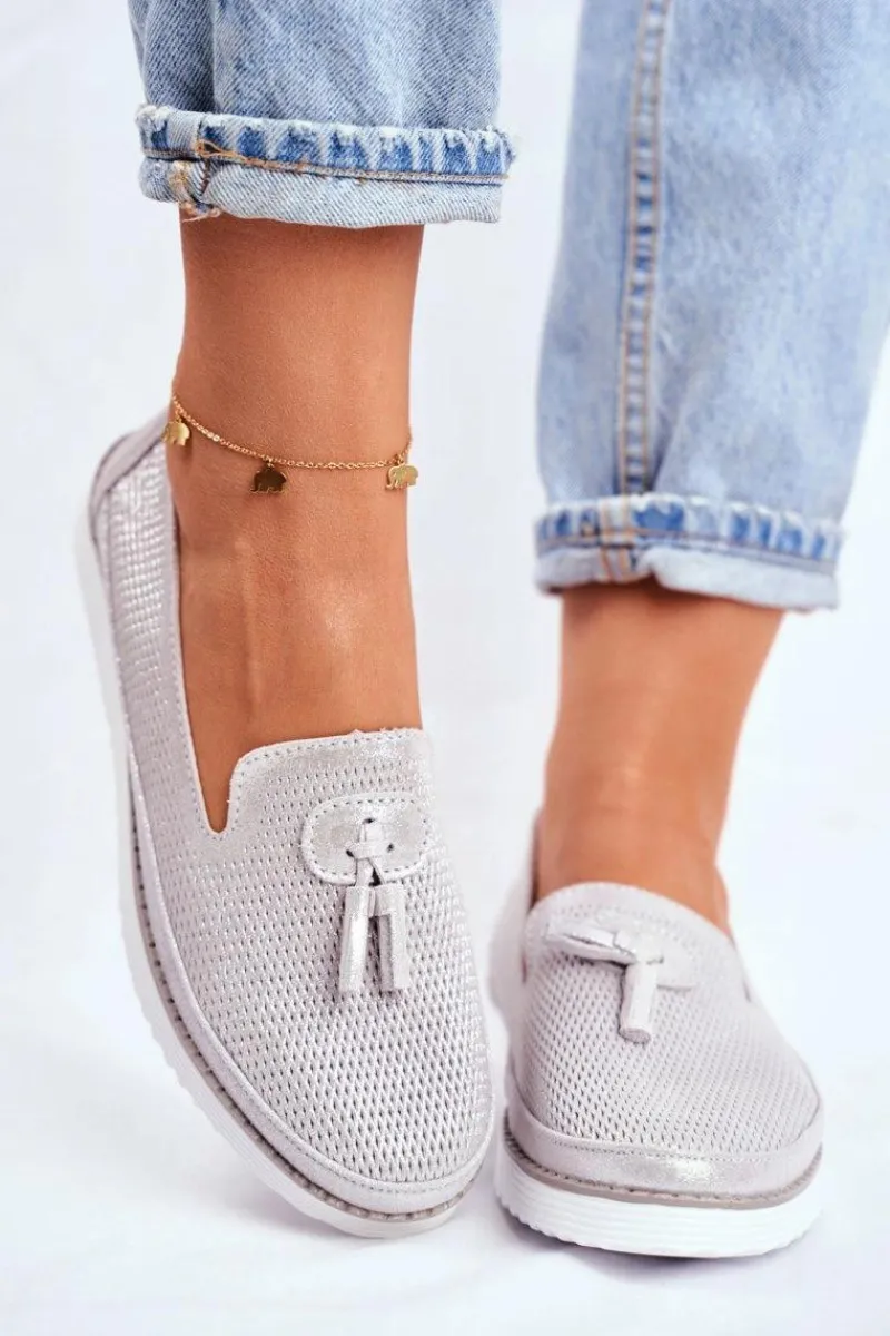 Sale Mokasyny Damskie Skórzane Srebrne Amore Mio Damskie Mokasyny Damskie Skórzane