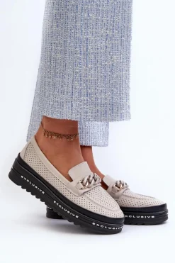 Loafersy Damskie|Mokasyny Damskie Skórzane>Damskie buty S.Barski Mokasyny Damskie Skórzane Na Platformie Z Łańcuchem S.Barski LR618 Beżowe Beżowy
