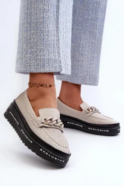 Loafersy Damskie|Mokasyny Damskie Skórzane></noscript>Damskie buty S.Barski Mokasyny Damskie Skórzane Na Platformie Z Łańcuchem S.Barski LR618 Beżowe Beżowy