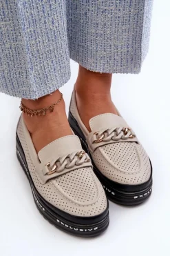 Loafersy Damskie|Mokasyny Damskie Skórzane></noscript>Damskie buty S.Barski Mokasyny Damskie Skórzane Na Platformie Z Łańcuchem S.Barski LR618 Beżowe Beżowy