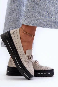 Loafersy Damskie|Mokasyny Damskie Skórzane></noscript>Damskie buty S.Barski Mokasyny Damskie Skórzane Na Platformie Z Łańcuchem S.Barski LR618 Beżowe Beżowy