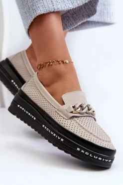 Loafersy Damskie|Mokasyny Damskie Skórzane></noscript>Damskie buty S.Barski Mokasyny Damskie Skórzane Na Platformie Z Łańcuchem S.Barski LR618 Beżowe Beżowy