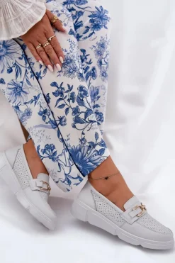 Loafersy Damskie|Mokasyny Damskie Skórzane>Buty damskie Vinceza Mokasyny Damskie Skórzane Ze Złotym Detalem Vinceza 88007 Jasnoszare Biały