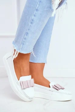 Best Damskie buty S.Barski Mokasyny Damskie Skórzane Biało Różowe Lovren