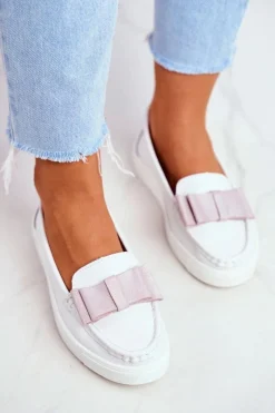 Best Damskie buty S.Barski Mokasyny Damskie Skórzane Biało Różowe Lovren