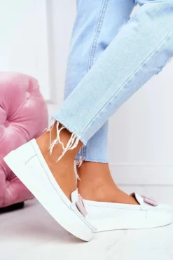 Best Damskie buty S.Barski Mokasyny Damskie Skórzane Biało Różowe Lovren