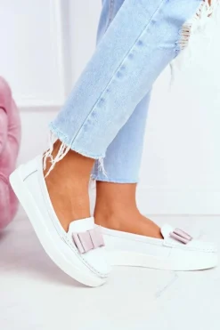 Best Damskie buty S.Barski Mokasyny Damskie Skórzane Biało Różowe Lovren
