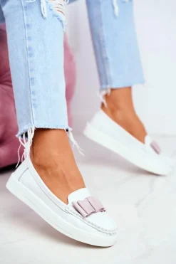 Best Damskie buty S.Barski Mokasyny Damskie Skórzane Biało Różowe Lovren