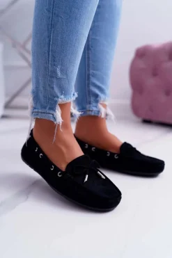 Clearance Mokasyny Damskie Wygodne Eko-zamsz Czarne Memfi Damskie Mokasyny Damskie Zamszowe