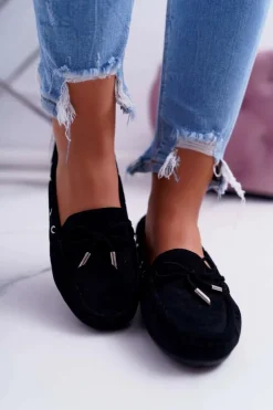 Clearance Mokasyny Damskie Wygodne Eko-zamsz Czarne Memfi Damskie Mokasyny Damskie Zamszowe