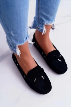 Clearance Mokasyny Damskie Wygodne Eko-zamsz Czarne Memfi Damskie Mokasyny Damskie Zamszowe