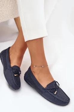 Loafersy Damskie|Mokasyny Damskie Skórzane>Boto Mokasyny Damskie Z Ażurowym Wzorem I Wiązaniem Granatowe Mirisa Niebieski