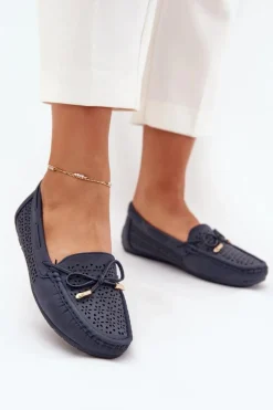 Loafersy Damskie|Mokasyny Damskie Skórzane>Boto Mokasyny Damskie Z Ażurowym Wzorem I Wiązaniem Granatowe Mirisa Niebieski