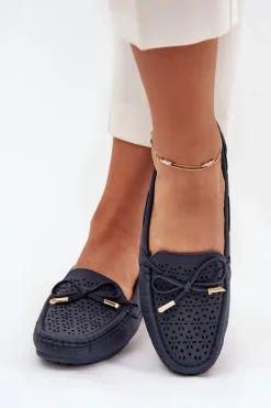 Loafersy Damskie|Mokasyny Damskie Skórzane></noscript>Boto Mokasyny Damskie Z Ażurowym Wzorem I Wiązaniem Granatowe Mirisa Niebieski