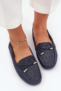 Loafersy Damskie|Mokasyny Damskie Skórzane></noscript>Boto Mokasyny Damskie Z Ażurowym Wzorem I Wiązaniem Granatowe Mirisa Niebieski