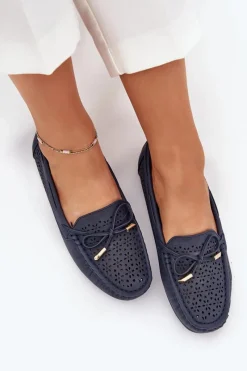 Loafersy Damskie|Mokasyny Damskie Skórzane></noscript>Boto Mokasyny Damskie Z Ażurowym Wzorem I Wiązaniem Granatowe Mirisa Niebieski