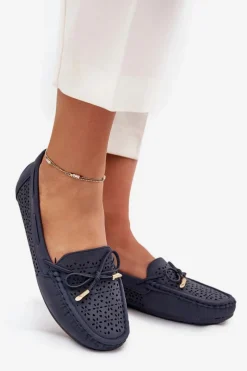 Loafersy Damskie|Mokasyny Damskie Skórzane></noscript>Boto Mokasyny Damskie Z Ażurowym Wzorem I Wiązaniem Granatowe Mirisa Niebieski