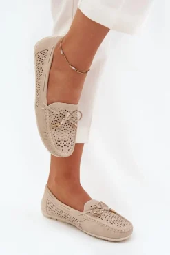 Hot Boto Mokasyny Damskie Z Ażurowym Wzorem I Wiązaniem Beżowe Mirisa Beżowy
