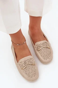 Hot Boto Mokasyny Damskie Z Ażurowym Wzorem I Wiązaniem Beżowe Mirisa Beżowy