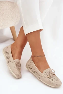 Hot Boto Mokasyny Damskie Z Ażurowym Wzorem I Wiązaniem Beżowe Mirisa Beżowy