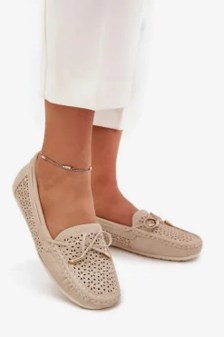 Hot Boto Mokasyny Damskie Z Ażurowym Wzorem I Wiązaniem Beżowe Mirisa Beżowy