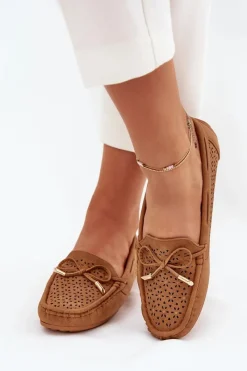 Loafersy Damskie|Mokasyny Damskie Skórzane>Boto Mokasyny Damskie Z Ażurowym Wzorem I Wiązaniem Camel Mirisa Brązowy