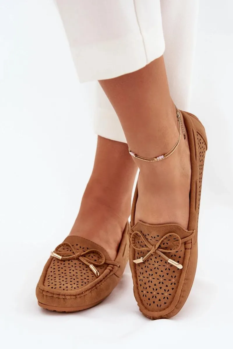 Loafersy Damskie|Mokasyny Damskie Skórzane>Boto Mokasyny Damskie Z Ażurowym Wzorem I Wiązaniem Camel Mirisa Brązowy