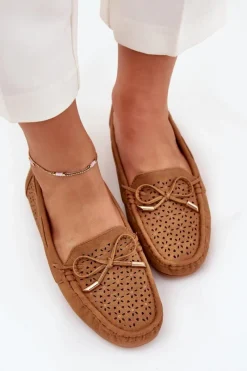 Loafersy Damskie|Mokasyny Damskie Skórzane>Boto Mokasyny Damskie Z Ażurowym Wzorem I Wiązaniem Camel Mirisa Brązowy